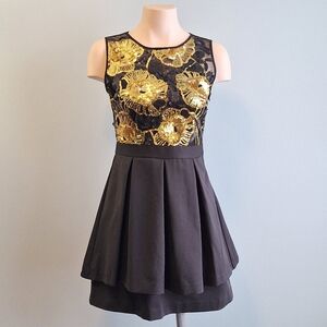 Gold floral sequins black party mini dress
